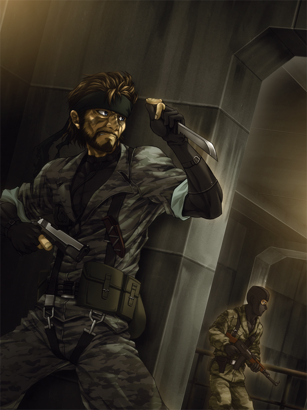 mo-ai, big boss, naked snake, metal gear (series), metal gear solid 3: snake eater, 2boys, ak-47, assault rifle, beard, blue eyes, brown hair, camouflage, close-quarters combat, facial hair, gloves, gun, handgun, headband, indoors, kalashnikov rifle, knife, m1911, male focus, multiple boys, reverse grip, rifle, trigger discipline, weapon