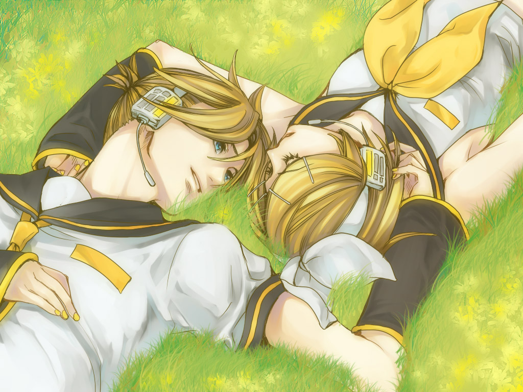 suzunosuke (sagula), kagamine len, kagamine rin, vocaloid, bad id, bad pixiv id, 1boy, 1girl, blonde hair, blue eyes, brother and sister, detached sleeves, hair ornament, hairclip, headphones, lying, siblings, twins
