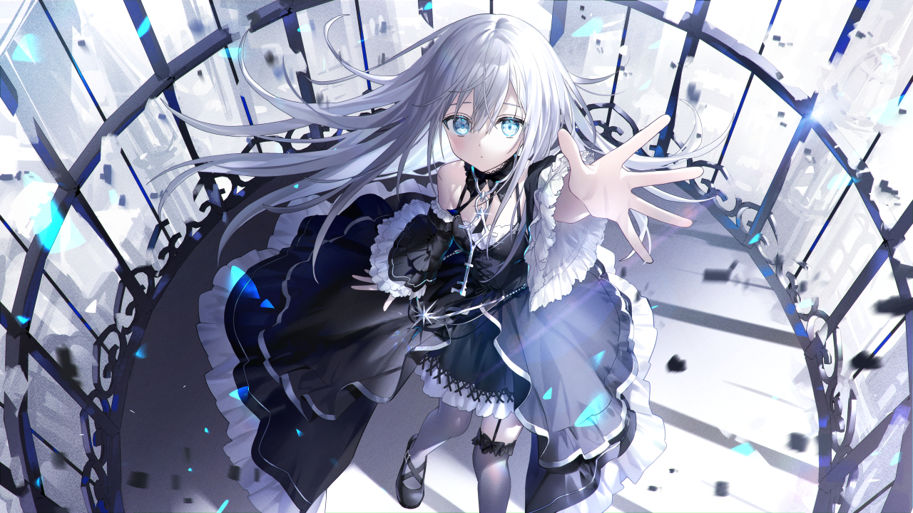kazunehaka, original, commentary request, 1girl, aqua eyes, arm up, asymmetrical legwear, birdcage, black collar, black dress, black shoes, cage, collar, detached sleeves, dress, foot out of frame, frilled collar, frilled skirt, frilled sleeves, frills, from above, gothic lolita, grey hair, grey pantyhose, grey thighhighs, hair between eyes, in cage, jewelry, key, key necklace, layered skirt, lolita fashion, long hair, long sleeves, looking at viewer, mismatched legwear, necklace, pantyhose, reaching, reaching towards viewer, shoes, showgirl skirt, skirt, sleeves past wrists, standing, thigh strap, thighhighs, white hair