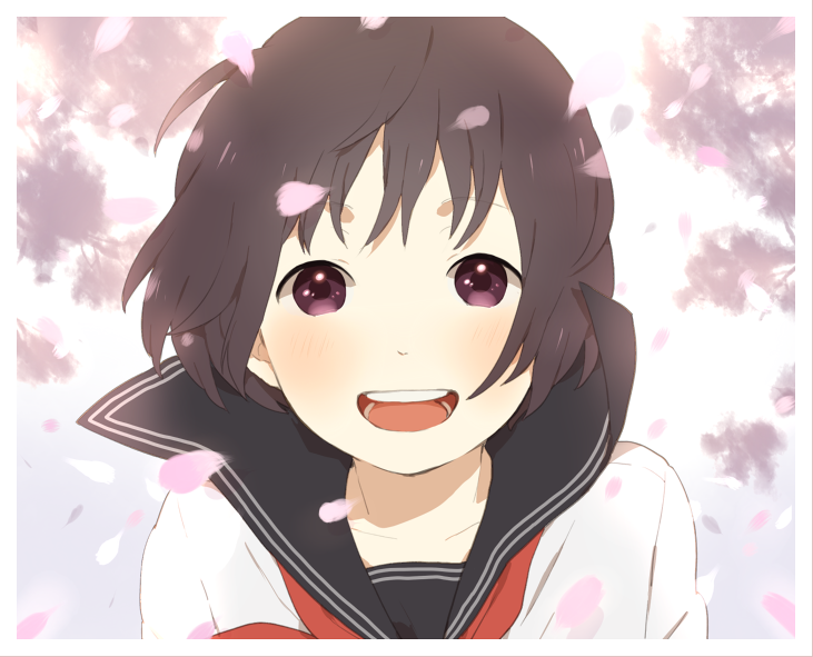 mosuko, blush, brown hair, cherry blossoms, purple eyes, school uniform, serafuku, smile, solo