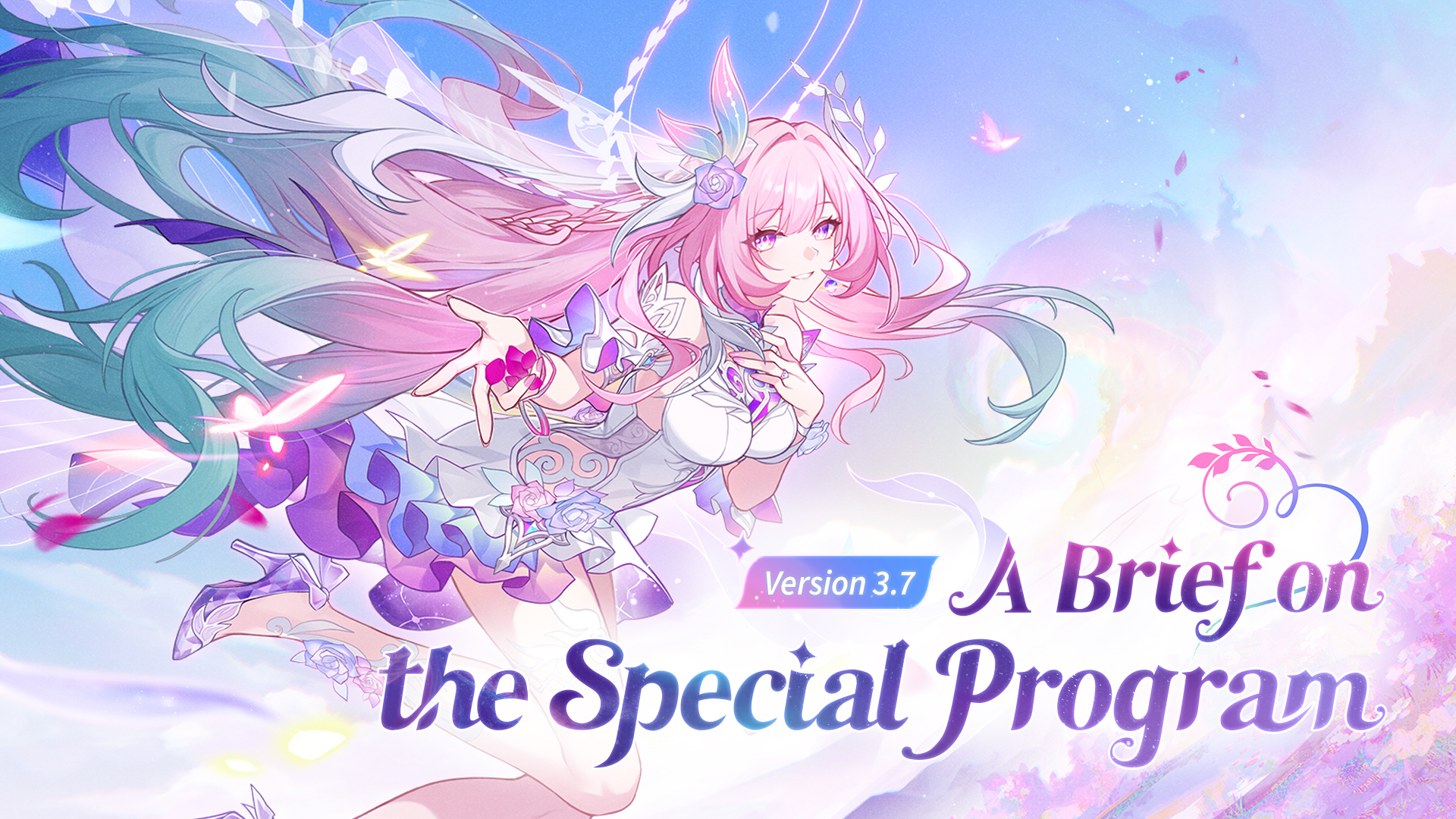 cyrene (honkai: star rail), cyrene (ripples of past reverie) (honkai: star rail), honkai: star rail, honkai (series), highres, official art, 1girl, aqua hair, bare shoulders, blue sky, breasts, diamond-shaped pupils, diamond (shape), english text, flower, gradient hair, hair flower, hair ornament, halo, long hair, looking at viewer, medium breasts, multicolored hair, pink hair, purple eyes, sky, smile, solo, streaked hair, symbol-shaped pupils, thighs, very long hair, white hair