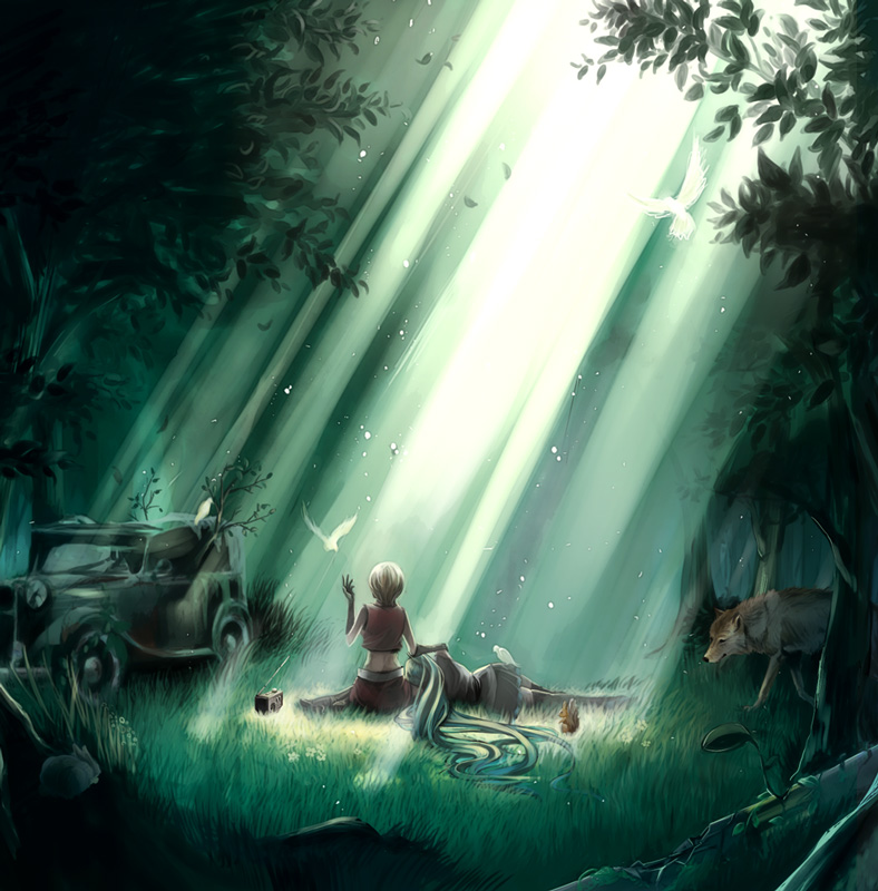 suzunosuke (sagula), hatsune miku, meiko (vocaloid), vocaloid, bad id, bad pixiv id, 2girls, animal, bird, brown hair, car, elbow gloves, forest, gloves, green hair, light rays, long hair, motor vehicle, multiple girls, nature, outdoors, overgrown, radio, scenery, sunbeam, sunlight, tree, very long hair, wolf