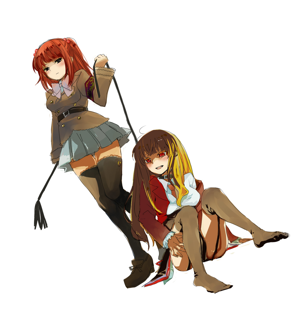 gm, mammon (umineko), stakes of purgatory, ushiromiya ange, umineko no naku koro ni, bad id, bad pixiv id, highres, 00s, 2girls, armband, bdsm, belt, blonde hair, blue eyes, brown hair, choker, feet, femdom, hair bobbles, hair ornament, jacket, leash, legs, multiple girls, necktie, orange hair, panties, red eyes, red hair, school uniform, skirt, thighhighs, twintails, underwear, yuri, zettai ryouiki