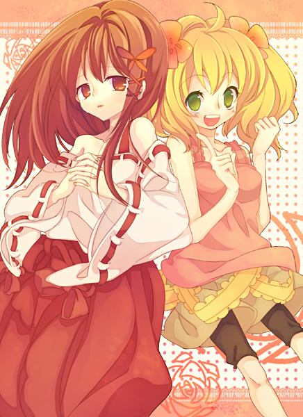 retei, original, 2girls, blonde hair, brown eyes, brown hair, green eyes, japanese clothes, miko, multiple girls