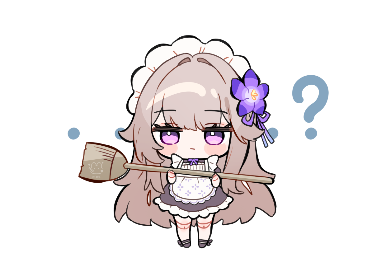 cheli (kso1564), herta (honkai: star rail), herta (puppet) (honkai: star rail), honkai: star rail, honkai (series), commentary request, 1girl, ?, alternate costume, apron, black dress, black shoes, blush stickers, bow, broom, brown hair, chibi, closed mouth, doll joints, dress, enmaided, flower, frilled apron, frills, full body, hair flower, hair ornament, holding, holding broom, joints, long hair, looking at viewer, maid, maid apron, maid headdress, puffy short sleeves, puffy sleeves, purple bow, purple eyes, purple flower, shoes, short sleeves, simple background, solo, standing, very long hair, white apron, white background