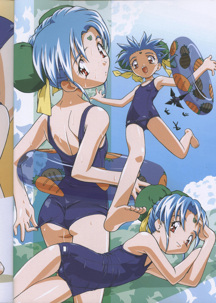 masaki sasami jurai, tenchi muyou!, 1990s (style), 1girl, adjusting clothes, adjusting swimsuit, ass, back, barefoot, blue hair, bun cover, carrot, double bun, facial mark, feet, female focus, flat chest, forehead mark, freckles, hair bun, innertube, looking back, lying, on side, one-piece swimsuit, open mouth, outstretched arms, red eyes, retro artstyle, school swimsuit, smile, solo, spread arms, swim ring, swimsuit, thigh gap, thighs, wet