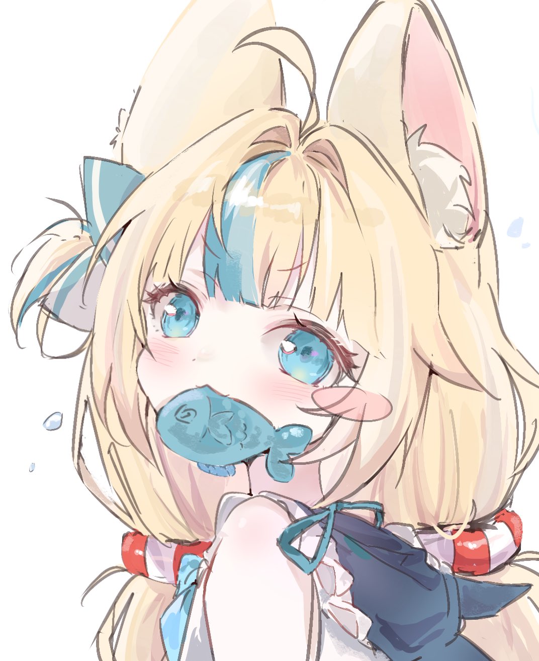sameko saba, sameko saba (fish), indie virtual youtuber, commentary request, highres, korean commentary, 1girl, ahoge, animal ears, blonde hair, blue eyes, blue hair, blue streaks, blunt bangs, cat ears, fish, fish girl, fish in mouth, lifebuoy hair ornament, long hair, low twintails, moka (mokas21004), multicolored hair, solo, solo focus, streaked hair, twintails, virtual youtuber