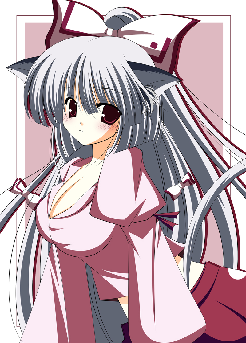 hiyori-o, fujiwara no mokou, touhou, bad id, bad pixiv id, 1girl, alternate costume, animal ears, breasts, cat ears, cat girl, cat tail, cleavage, female focus, large breasts, ribbon, solo, tail