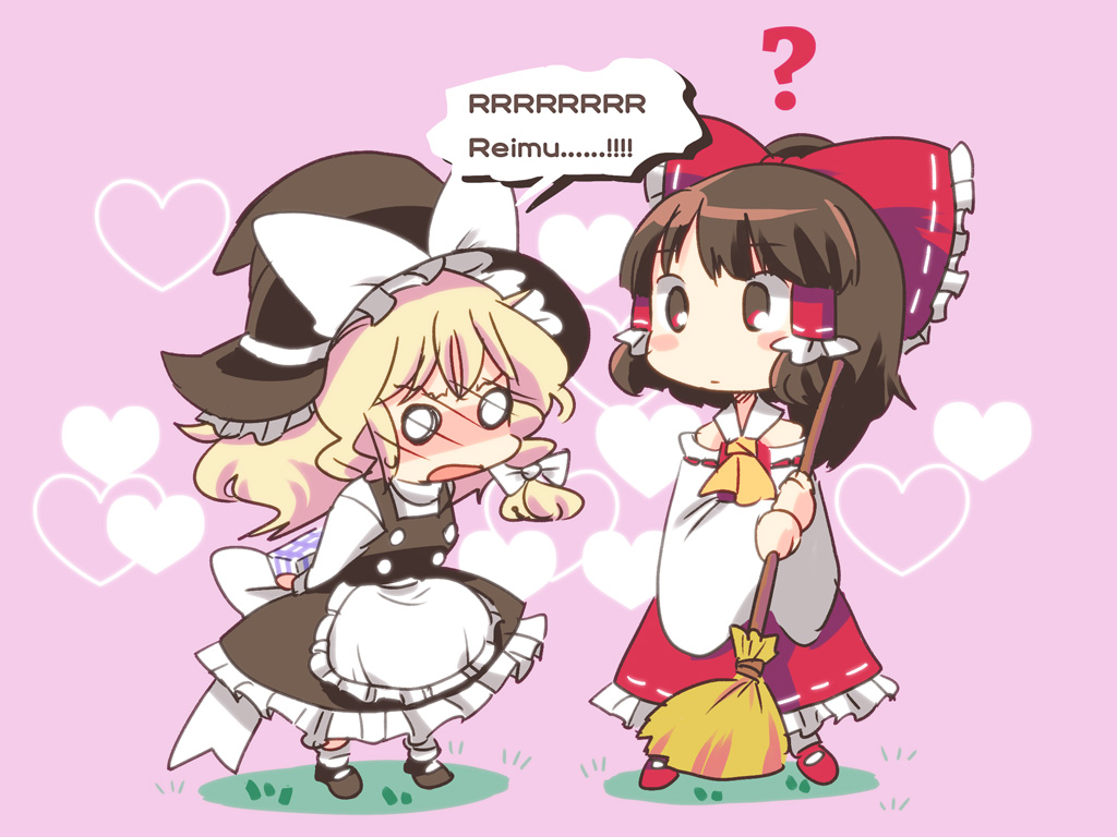 8bit, hachi (8bit canvas), hakurei reimu, kirisame marisa, touhou, bad id, bad pixiv id, 2girls, ?, blonde hair, blush, broom, brown hair, english text, female focus, gift, hat, heart, multiple girls, ribbon, romaji text, sweeping, witch, witch hat
