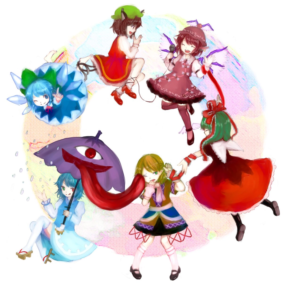 mozukuzu (manukedori), chen, cirno, kagiyama hina, mizuhashi parsee, mystia lorelei, tatara kogasa, touhou, bad id, bad pixiv id, highres, 6+girls, female focus, geta, heterochromia, karakasa obake, microphone, multiple girls, ribbon, simple background, umbrella