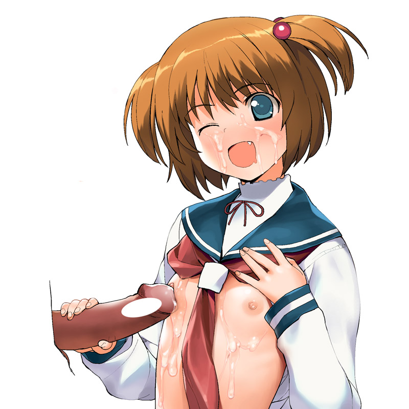a1 (initial-g), kataoka yuuki, saki (manga), 00s, 1boy, 1girl, breasts, censored, cum, cum on body, cum on breasts, cum on upper body, dark penis, facial, fang, flat chest, hair bobbles, hair ornament, hetero, kiyosumi school uniform, loli, nipples, one eye closed, open mouth, penis, penis grab, penis hold, pointless censoring, poking, poking another's breast, school uniform, serafuku, short twintails, smile, solo focus, twintails, two side up, wink