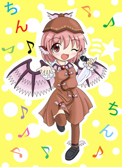 t-c-haru, mystia lorelei, touhou, bad id, bad pixiv id, 1girl, brown thighhighs, female focus, full body, hat, head wings, leg lift, microphone, musical note, one eye closed, pink eyes, pink hair, short hair, skirt, solo, thighhighs, wings, wink