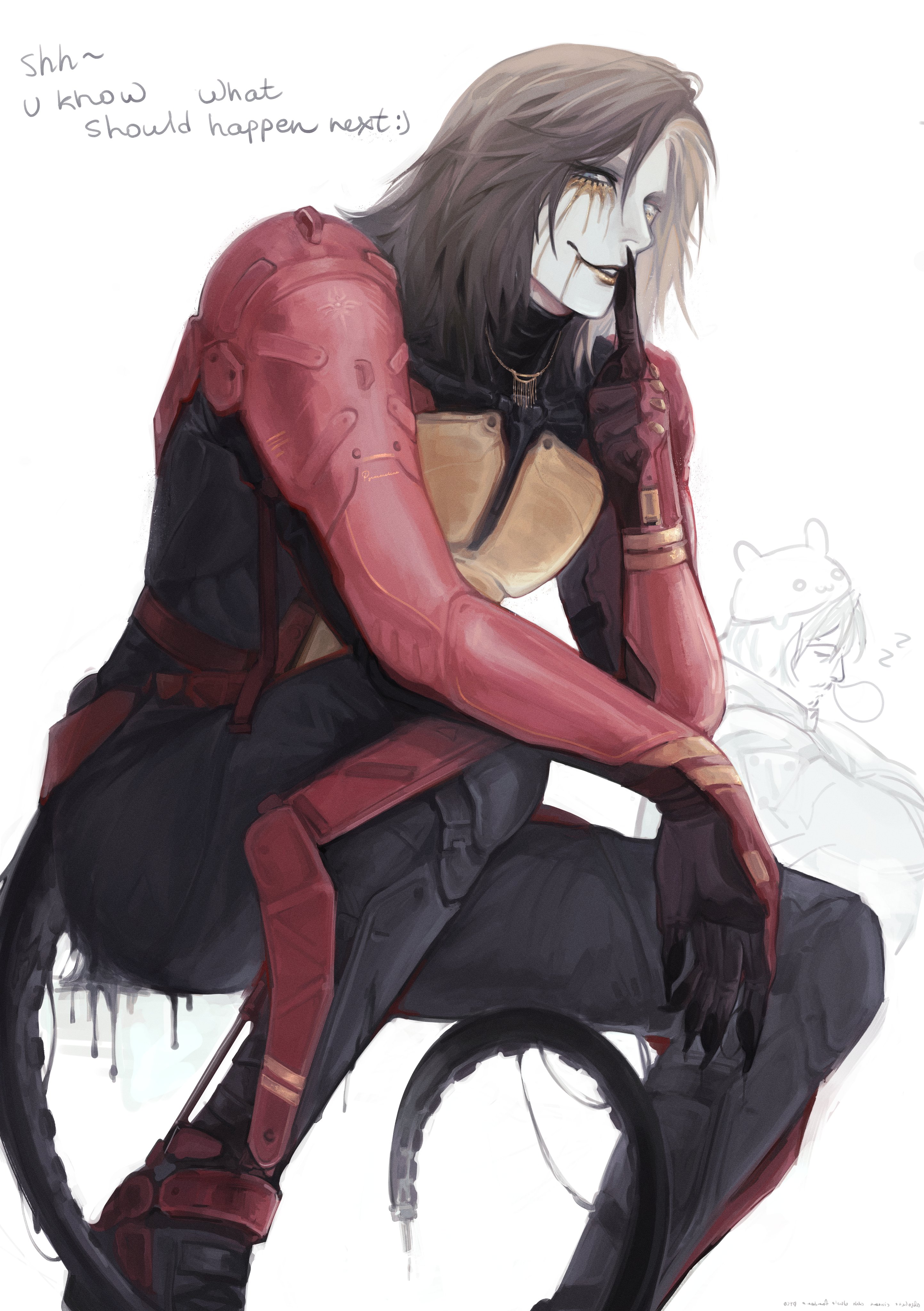 higgs (death stranding), death stranding 2: on the beach, absurdres, commentary, english commentary, highres, 1boy, armor, brown hair, english text, finger to mouth, gold eyeshadow, gold lips, index finger raised, invisible chair, jewelry, long hair, male focus, necklace, parted lips, pyroronchin0, shushing, sitting, solo, tentacles, white background