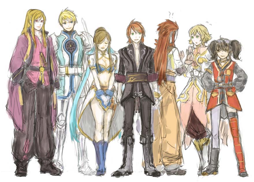 anise tatlin, asch (tales), estellise sidos heurassein, flynn scifo, guy cecil, jade curtiss, judith (tales), karol capel, luke fon fabre, natalia luzu kimlasca lanvaldear, raven (tales), rita mordio, tear grants, yuri lowell, tales of (series), tales of the abyss, tales of vesperia, blue footwear, grey footwear, 3girls, 4boys, alternate costume, armor, bikini armor, black hair, blonde hair, boots, brown eyes, brown hair, cosplay, estellise sidos heurassein (cosplay), flynn scifo (cosplay), gloves, goggles, green eyes, judith (cosplay), karol capel (cosplay), knee boots, long hair, multiple boys, multiple girls, pantyhose, raven (tov) (cosplay), red hair, rita mordio (cosplay), single leg pantyhose, twintails, yuri lowell (cosplay)