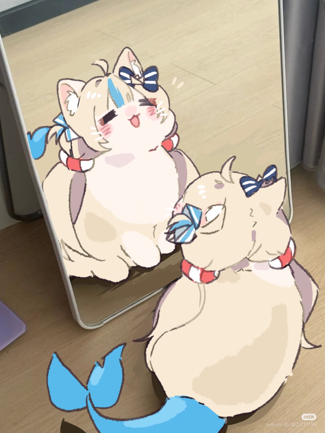 sameko saba, indie virtual youtuber, commentary, hashtag-only commentary, highres, photo-referenced, = =, animal, animal focus, animalization, cat, closed eyes, fins, fish tail, lifebuoy hair ornament, low twintails, moka (mokas21004), no humans, open mouth, photo background, smile, tail, twintails, virtual youtuber