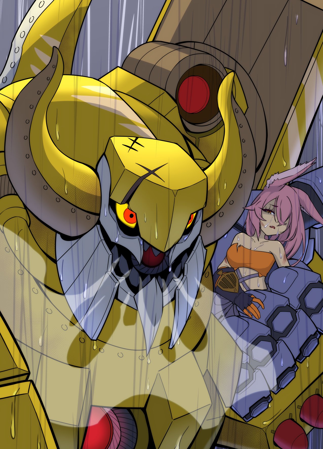 yata masahara, kitt (yu-gi-oh!), tri-brigade kitt, yu-gi-oh!, highres, 1girl, 1other, animal ears, breasts, cat ears, cat girl, cleavage, collarbone, duel monster, gloves, hair over one eye, horns, long hair, looking at another, lying, medium breasts, on back, open mouth, orange eyes, rain, robot, shirt, springans captain sargas, strapless, strapless shirt, yellow eyes