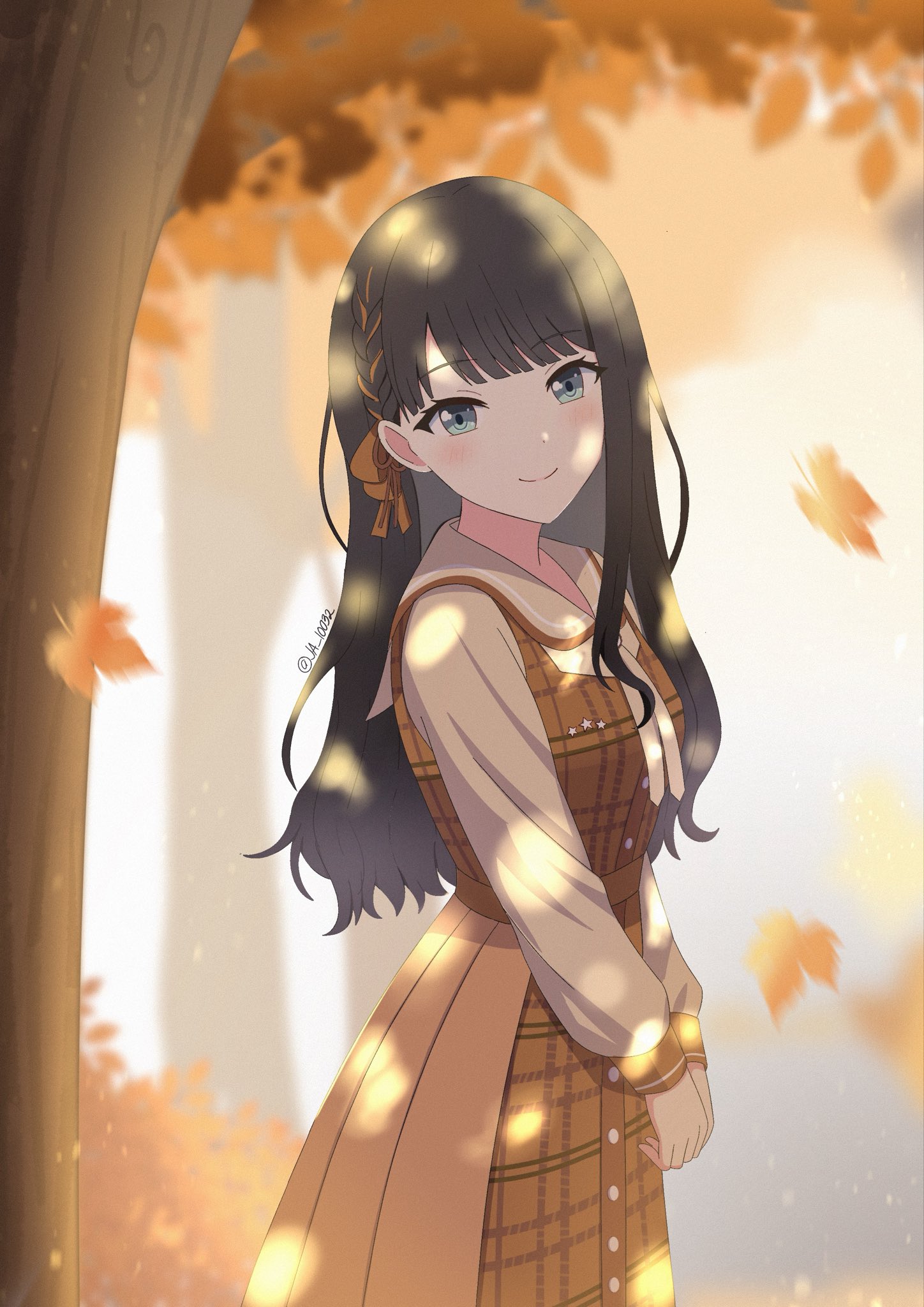 ja 10032, hoshino ichika (project sekai), project sekai, highres, 1girl, autumn leaves, black hair, braid, button dress, dappled sunlight, dress, grey eyes, hair behind ear, hair ribbon, happy enjoy music! (project sekai), leaf, light smile, long hair, long sleeves, looking at viewer, official alternate costume, official alternate hairstyle, parted bangs, pinafore dress, plaid clothes, ribbon, sailor collar, single braid, sleeveless, sleeveless dress, solo, sunlight, tree