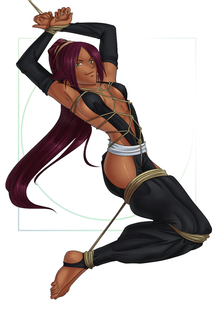 shihouin yoruichi, bleach, 00s, 1girl, armpits, barefoot, bdsm, bondage, bound, crotch rope, dark-skinned female, dark skin, feet, female focus, full body, gloves, long hair, ponytail, purple hair, rope, shibari, smirk, solo, suspension, toeless legwear, very long hair, yellow eyes