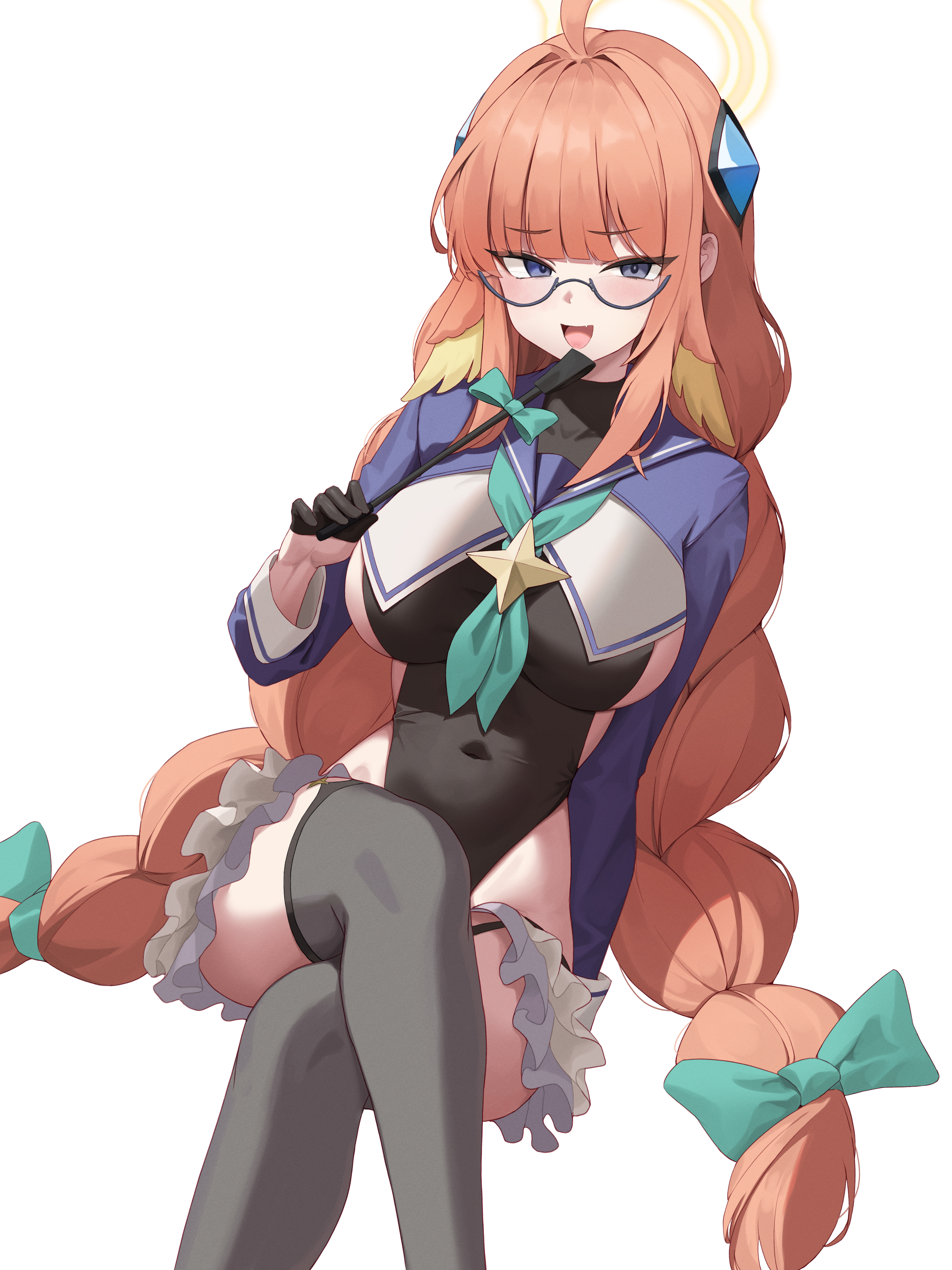 pharamacom, shimiko (blue archive), shimiko (magical) (blue archive), blue archive, absurdres, highres, 1girl, ahoge, aqua neckerchief, black-framed eyewear, black gloves, black leotard, blue eyes, blue sailor collar, blue shrug, bow, braid, breasts, covered navel, crossed legs, feet out of frame, garter straps, glasses, gloves, grey thighhighs, hair bow, half gloves, halo, hand up, head wings, highleg, highleg leotard, holding, holding riding crop, large breasts, leotard, long hair, long sleeves, looking at viewer, looking over eyewear, neckerchief, official alternate costume, open mouth, orange hair, riding crop, sailor collar, semi-rimless eyewear, shrug (clothing), sideboob, simple background, sitting, smile, solo, thighhighs, twin braids, twintails, under-rim eyewear, very long hair, white background, wings