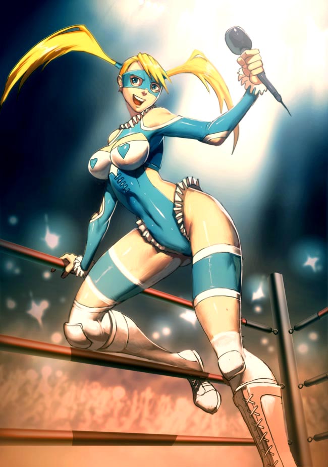 genzoman, rainbow mika, capcom, street fighter, street fighter zero (series), lights, looking away, white legwear, 1990s (style), 1girl, :d, arena, arm cutout, arm support, bare shoulders, blonde hair, blue eyes, boots, breasts, cleavage, cleavage cutout, clothing cutout, corset, covered navel, female focus, frills, gloves, heart, indoors, knee pads, kneeling, lace-up boots, large breasts, leaning, leg lift, legs, leotard, long hair, mask, microphone, on one knee, open mouth, retro artstyle, scrunchie, shiny skin, shoulder cutout, side cutout, smile, solo, spread legs, standing, thick thighs, thigh strap, thighs, twintails, wrestler, wrestling outfit, wrestling ring