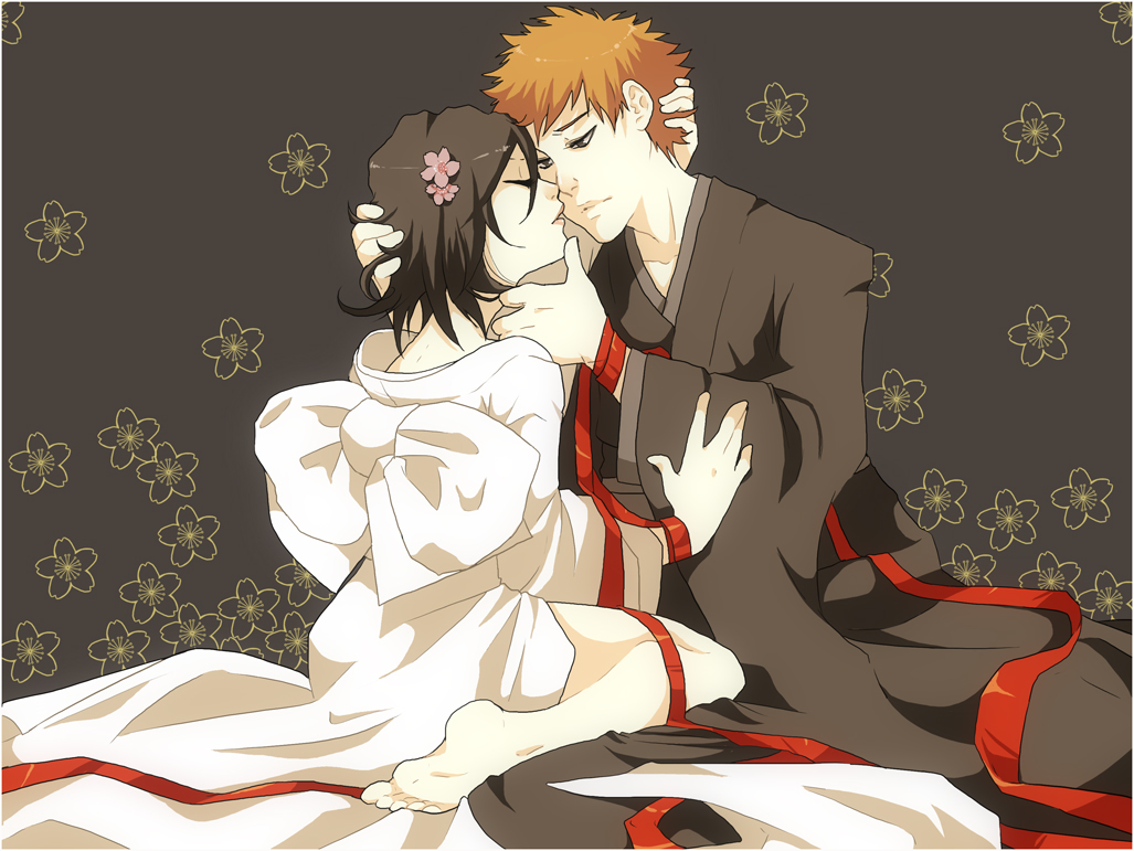 eiko chan, kuchiki rukia, kurosaki ichigo, bleach, 00s, 1boy, 1girl, barefoot, black hair, closed eyes, couple, feet, flower, hair flower, hair ornament, hetero, holding, japanese clothes, kimono, kneeling, orange hair, pale skin, ribbon, short hair