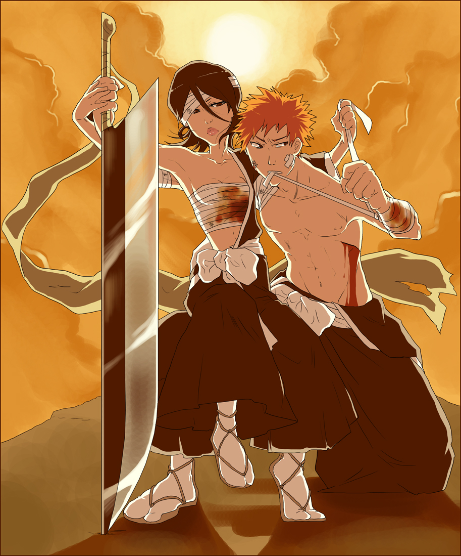 eiko chan, kuchiki rukia, kurosaki ichigo, zangetsu (bleach), bleach, 00s, 1boy, 1girl, abs, bandages, black hair, blood, brown eyes, couple, cuts, hair between eyes, hetero, huge weapon, injury, japanese clothes, lips, mouth hold, open clothes, orange hair, sarashi, short hair, sunset, sword, topless female, topless male, weapon