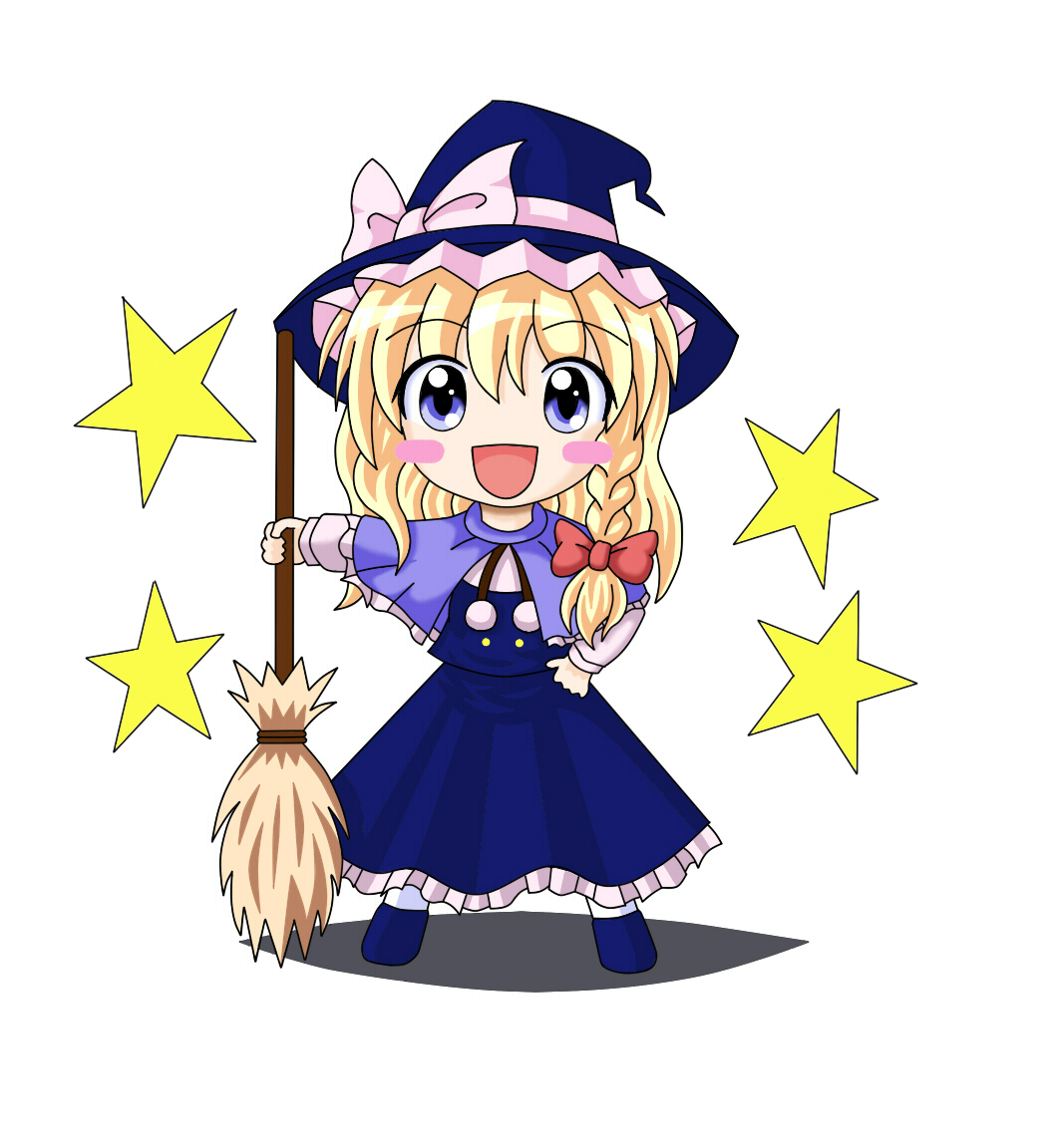 t-c-haru, kirisame marisa, touhou, bad id, bad pixiv id, 1girl, blonde hair, blue eyes, braid, broom, chibi, female focus, full body, hat, simple background, smile, solo, star (symbol), witch, witch hat