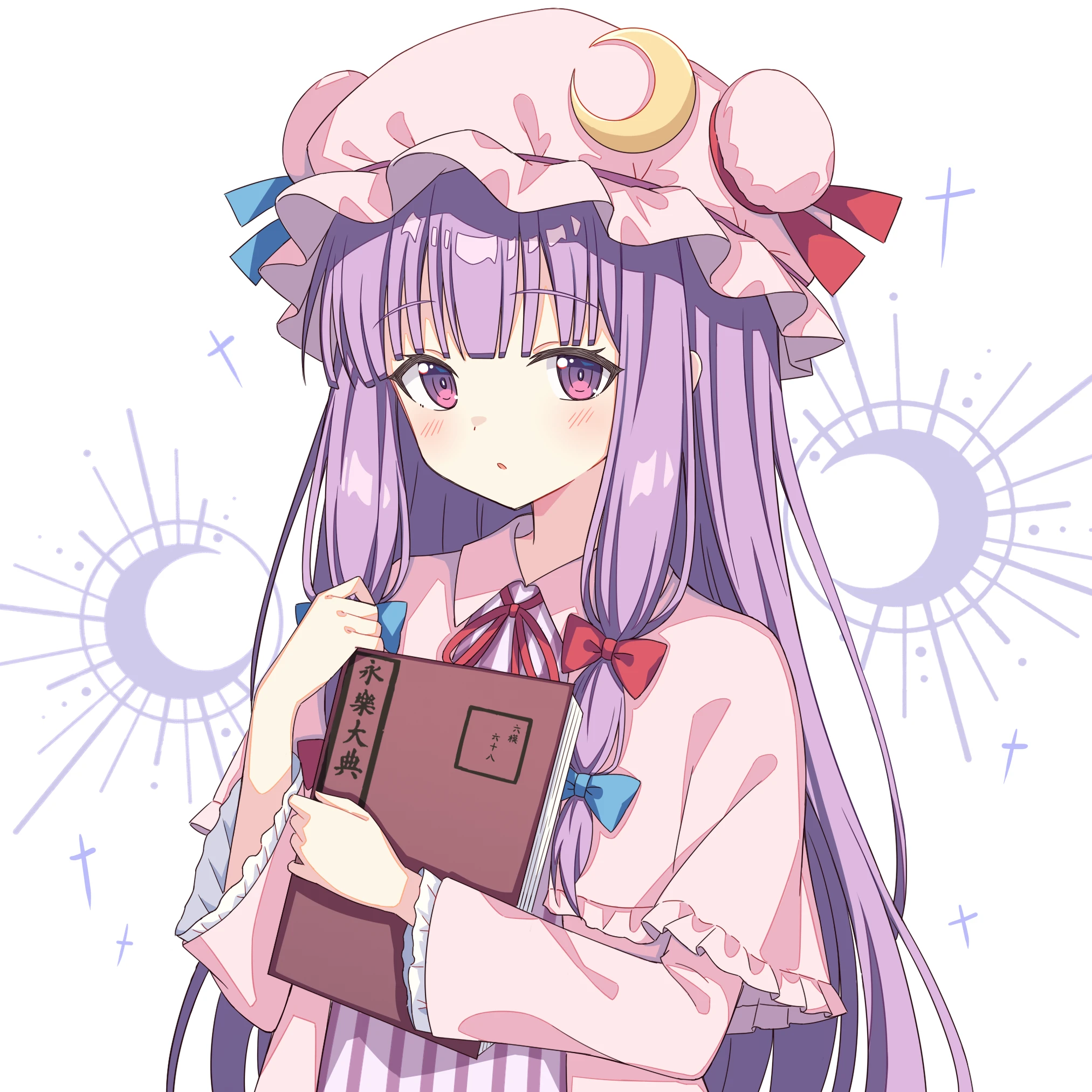 setteiset, patchouli knowledge, touhou, hashtag-only commentary, highres, 1girl, blue bow, blunt ends, blush, book, bow, crescent, crescent hat ornament, crescent pin, dress, frills, hat, hat ornament, holding, holding book, long hair, low-tied sidelocks, mob cap, pink dress, purple eyes, purple hair, red bow, red ribbon, ribbon, sidelocks, simple background, single sidelock, solo, solo focus, striped clothes, striped dress, vertical-striped clothes, vertical-striped dress, very long hair, white background
