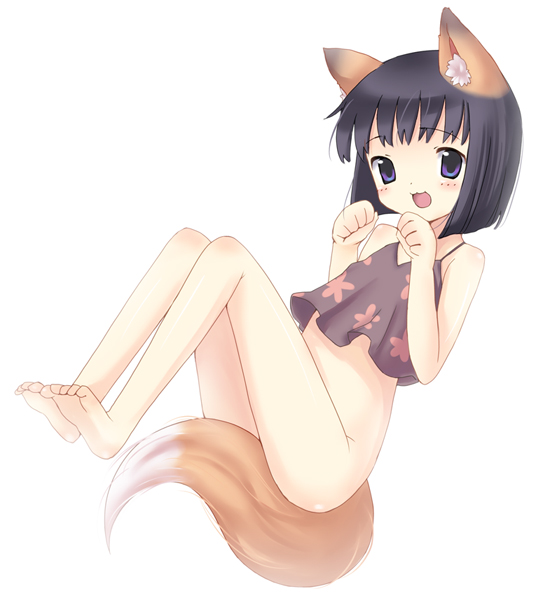 teu (navy), original, bad id, bad pixiv id, 1girl, animal ears, barefoot, black hair, bottomless, feet, female focus, fox ears, loli, short hair, solo, tail
