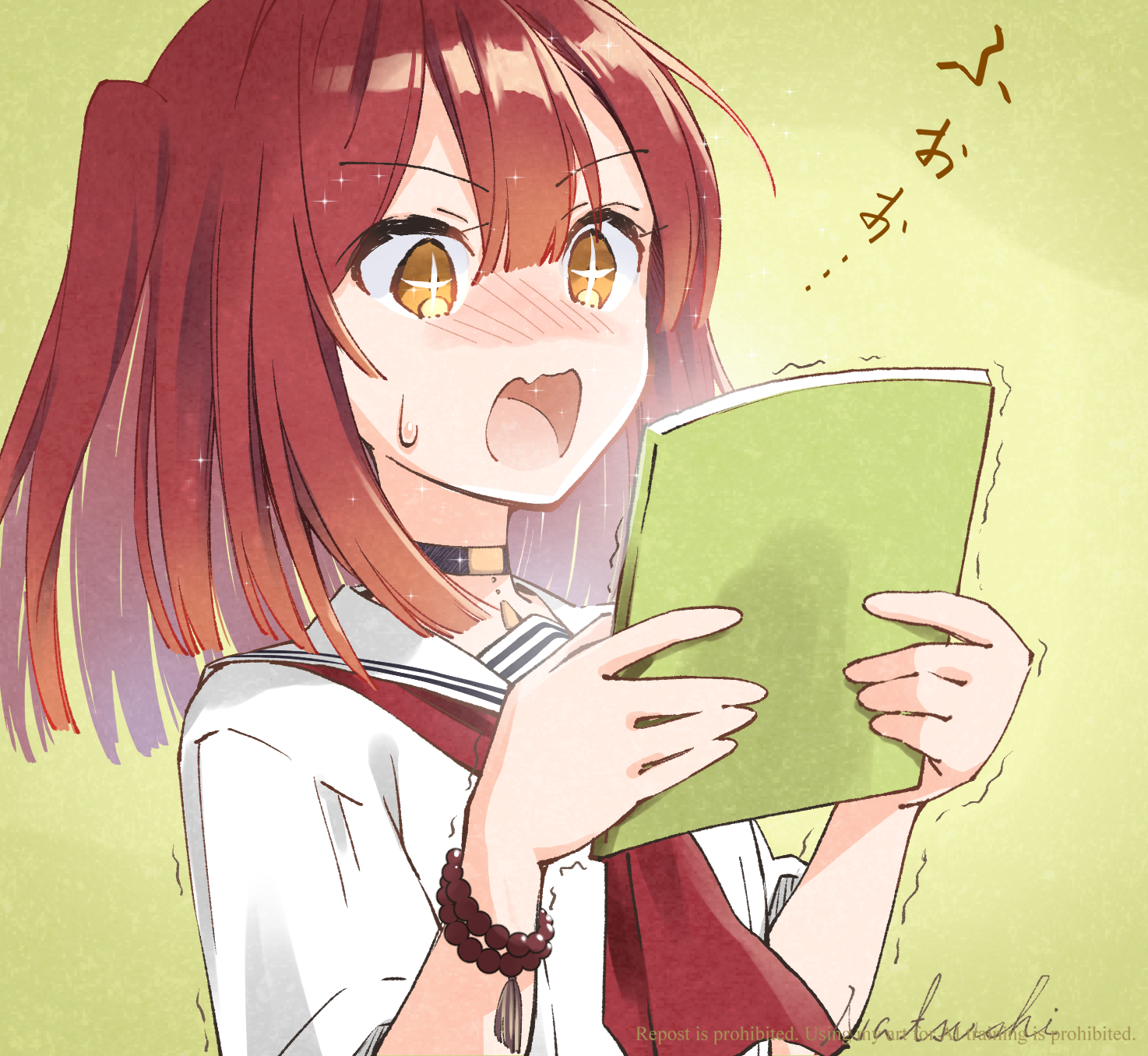 yashiro miko, watashi wo tabetai hitodenashi, highres, 1girl, black choker, blush, book, choker, holding, holding book, medium hair, open mouth, red hair, school uniform, shaking, simple background, star-shaped pupils, star (symbol), surprised, sweatdrop, symbol-shaped pupils, upper body, yasagurenoriko, yellow eyes