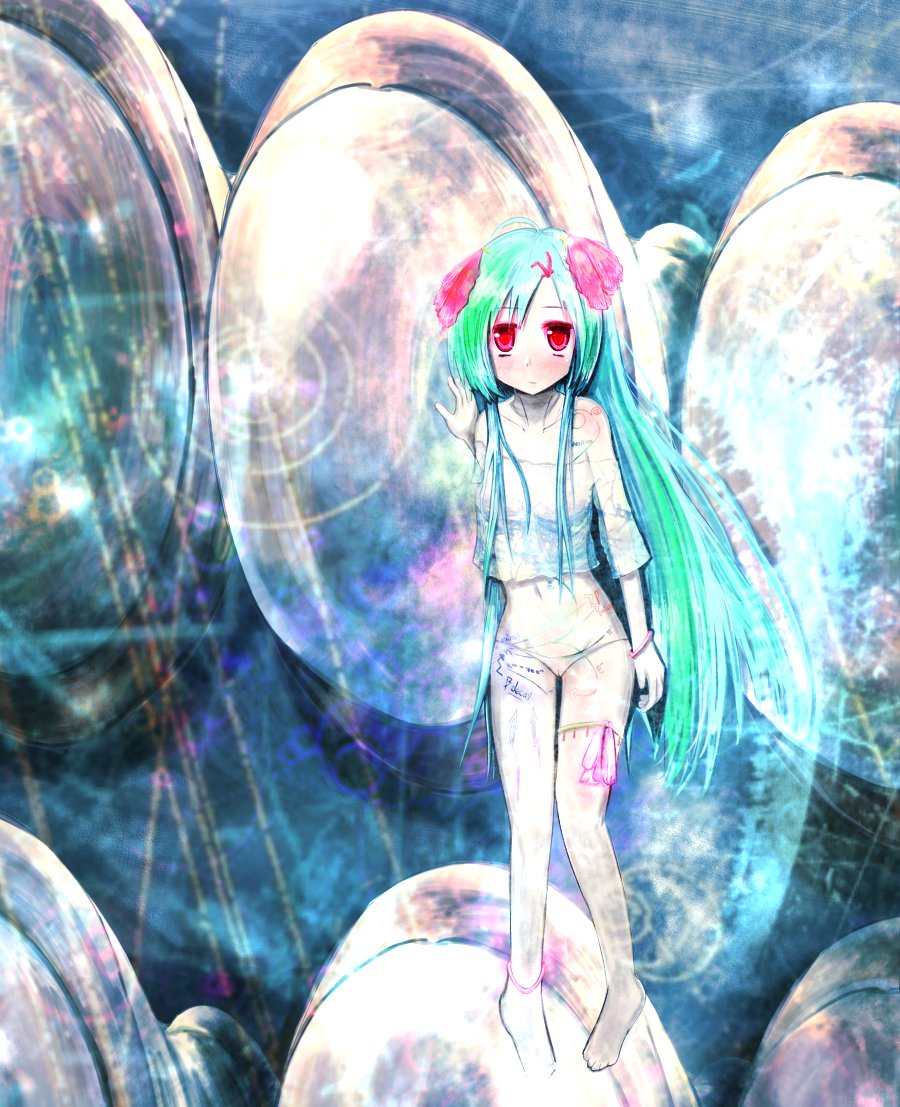 ipette-k, aqua eyes, aqua hair, barefoot, bow, bracelet, colorful, jewelry, long hair, lowleg, lowleg panties, neutrino, panties, personification, solo, underwear