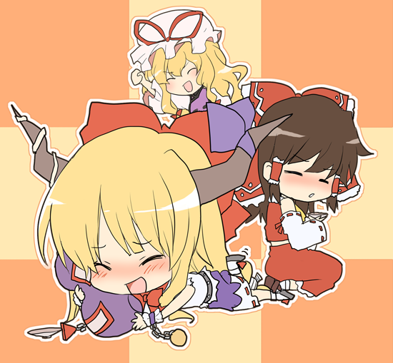 kurot, hakurei reimu, ibuki suika, yakumo yukari, touhou, 3girls, = =, blonde hair, bonnet, bow, brown hair, chibi, demon, drunk, female focus, flat color, gourd, japanese clothes, jug (bottle), miko, multiple girls, ribbon, skirt