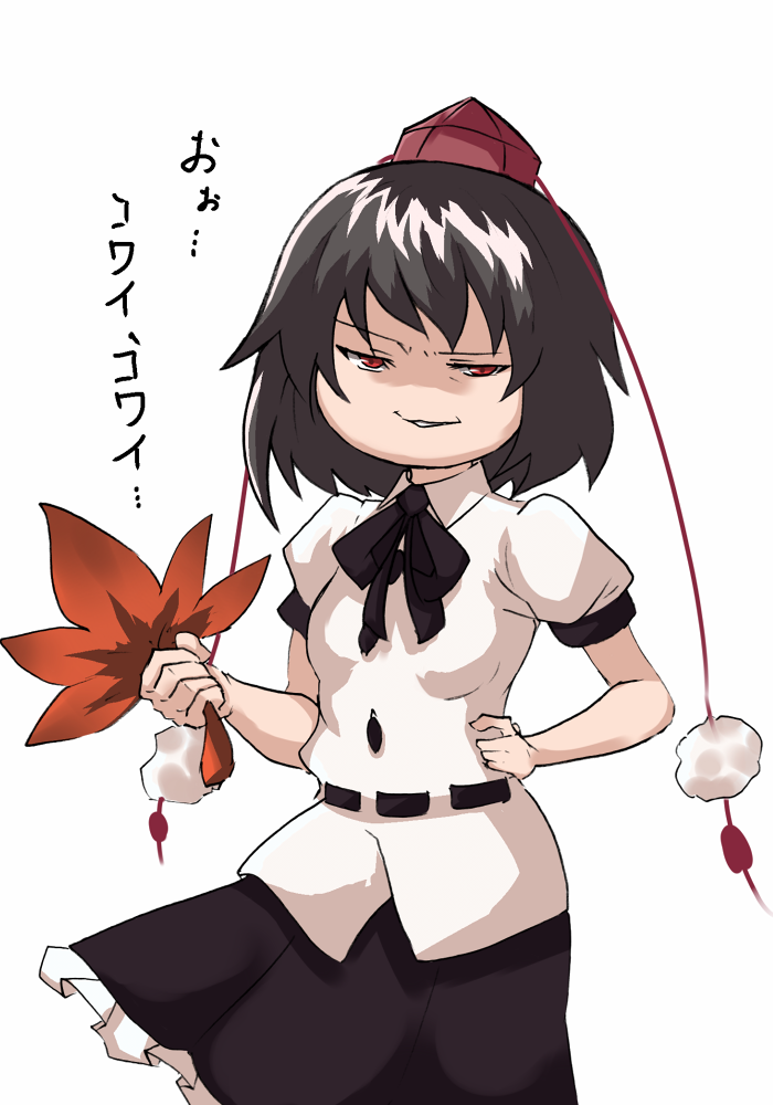 reon (pixiv), reon (saikyou), kimeemaru, shameimaru aya, touhou, bad id, bad pixiv id, translated, 1girl, black hair, female focus, hand fan, hat, leaf, red eyes, short hair, solo, standing, white background, yukkuri shiteitte ne
