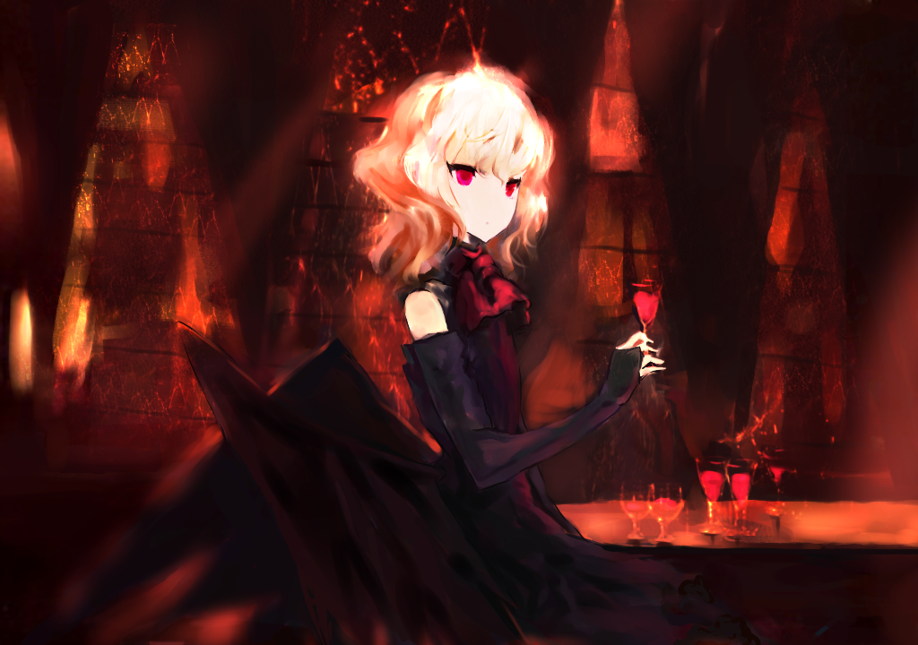 akn, remilia scarlet, touhou, bad id, bad pixiv id, 1girl, alcohol, alternate color, alternate costume, alternate hair color, ascot, black dress, blonde hair, blood, bridal gauntlets, cup, dress, drinking glass, female focus, glass, pink eyes, red eyes, red theme, solo, wine, wine glass, wings