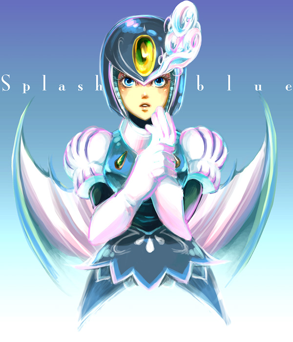 mochinue, splash woman, capcom, mega man (classic), mega man (series), mega man 9, bad id, bad pixiv id, 1girl, aqua background, aqua eyes, aqua theme, blue eyes, cowboy shot, dress, elbow gloves, female focus, gloves, gradient background, helmet, looking up, mermaid, monster girl, parted lips, puffy sleeves, scales, solo
