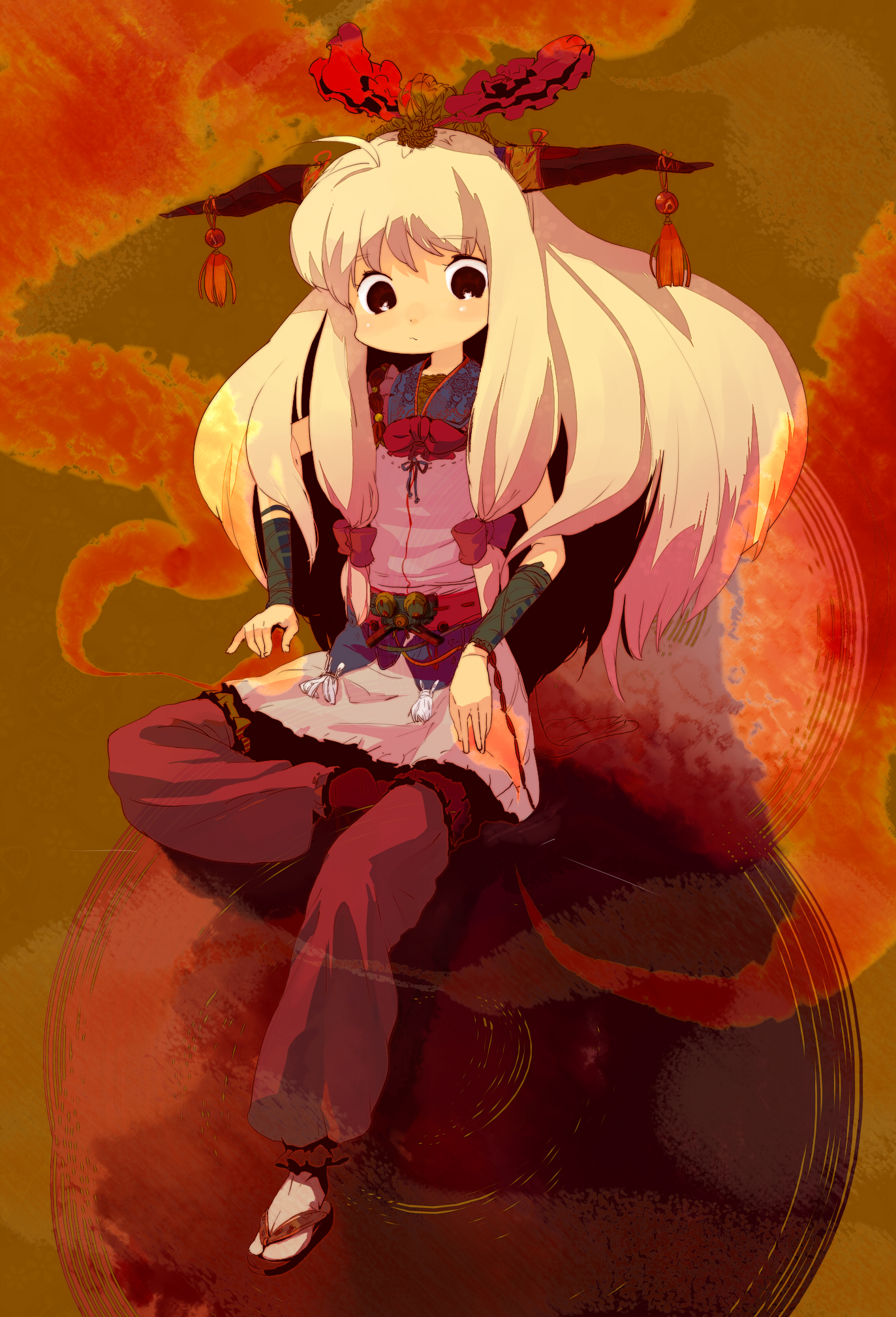 tcmk, ibuki suika, touhou, highres, 1girl, alternate costume, blonde hair, female focus, full body, hair ornament, hair ribbon, horns, red eyes, ribbon, sandals, sitting, solo