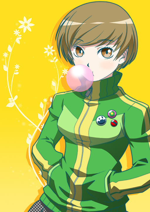 c (neta), magukappu, satonaka chie, atlus, persona, persona 4, 1girl, badge, blowing bubble gum, blowing bubbles, brown hair, chewing gum, female focus, hands in pockets, short hair, solo, turtleneck