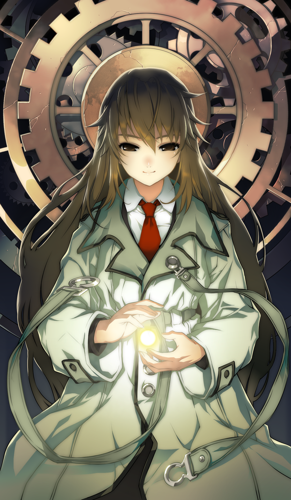 eika (artist), original, 1girl, blonde hair, brown eyes, brown hair, coat, female focus, gears, long hair, necktie, solo, trench coat, very long hair