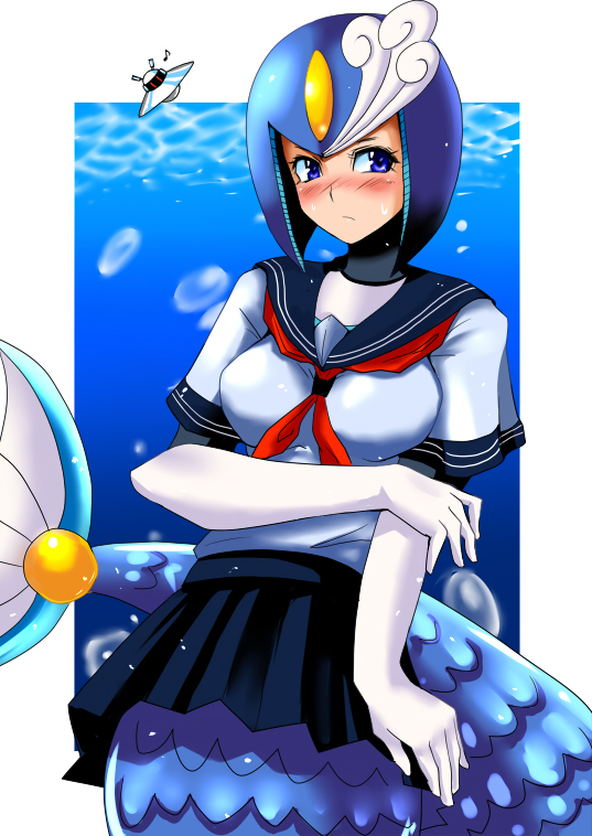youhei, youhei (testament), galaxy man, splash woman, capcom, mega man (classic), mega man (series), mega man 9, bad id, bad pixiv id, 1girl, blue background, blue eyes, blush, breasts, bubble, elbow gloves, frown, gloves, helmet, looking at viewer, mermaid, monster girl, neckerchief, purple eyes, ripples, scales, school uniform, serafuku, shy, skirt, spacecraft, ufo, underwater