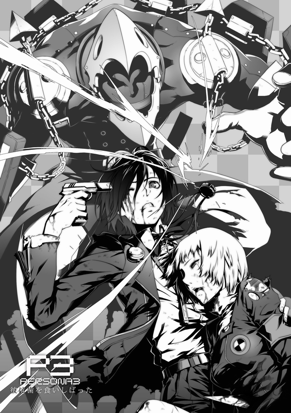 eika (artist), thanatos (persona), yamagishi fuuka, yuuki makoto (persona 3), atlus, persona, persona 3, 1boy, 1girl, blood, evoker, greyscale, gun, gun to head, holding, holding gun, holding weapon, monochrome, ribbon, school uniform, torn clothes, weapon