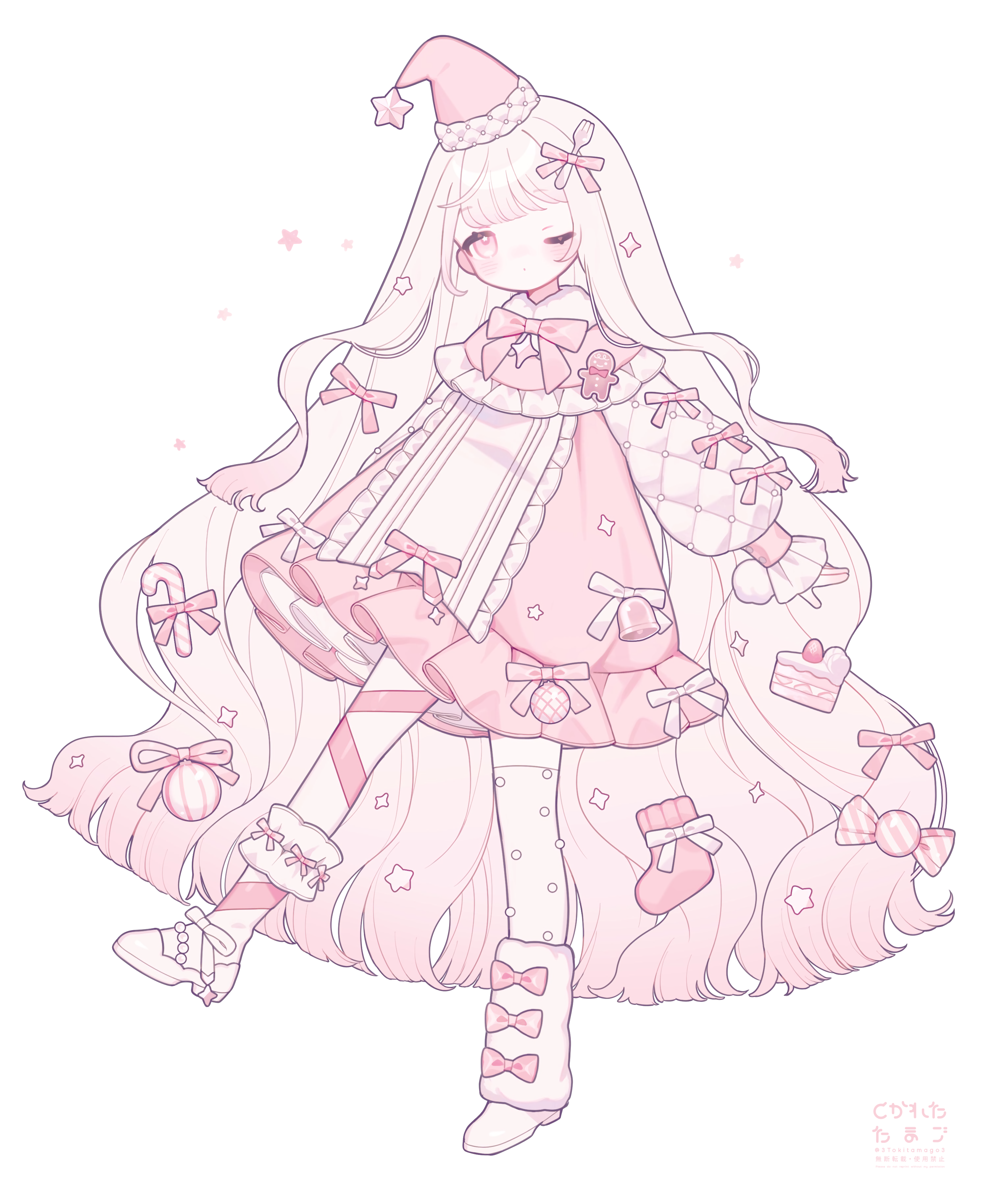 3tokitamago, original, absurdres, commentary, highres, symbol-only commentary, 1girl, blonde hair, blunt ends, blush, boots, bow, bowtie, closed mouth, dress, footwear bow, full body, hair bow, hat, leg ribbon, long hair, long sleeves, one eye closed, pink bow, pink bowtie, pink dress, pink eyes, red hat, red ribbon, ribbon, santa hat, signature, simple background, sleeve bow, solo, standing, standing on one leg, very long hair, white background, white boots