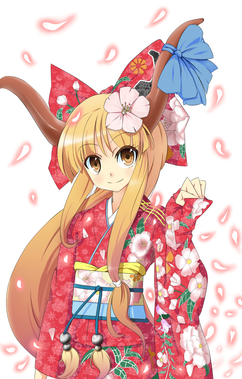 nishiuri, ibuki suika, touhou, bad id, bad pixiv id, highres, 1girl, female focus, flower, hair flower, hair ornament, hair ribbon, horns, japanese clothes, kimono, matching hair/eyes, orange eyes, orange hair, petals, ribbon, solo