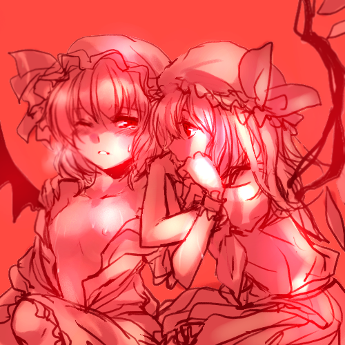 irua, flandre scarlet, remilia scarlet, touhou, bad id, bad pixiv id, lowres, 2girls, breasts, female focus, flat chest, hat, heavy breathing, incest, multiple girls, nipples, open clothes, open shirt, red theme, shirt, siblings, sisters, small breasts, undressing, wince, wings, yuri