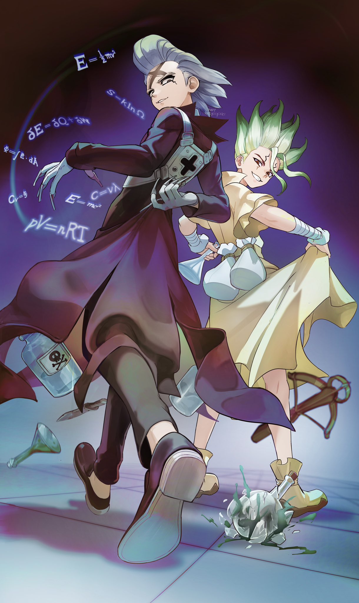 ishigami senkuu, dr. stone, highres, 2boys, arm behind back, black boots, black pants, boots, chemical structure, chemicals, full body, gisigisisi, green hair, holding, holding cloth, long hair, long sleeves, looking at viewer, multiple boys, pants, red eyes, simple background, smile, weapon, white hair, xeno (dr.stone)