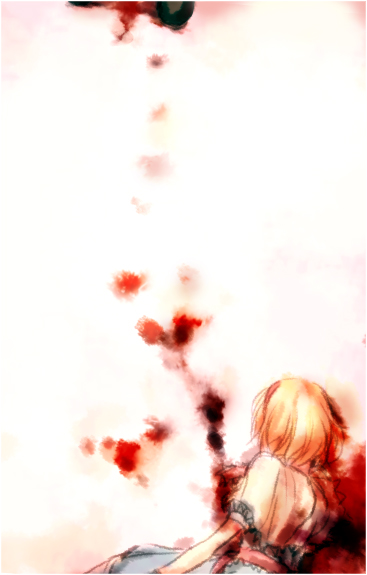 irua, alice margatroid, touhou, bad id, bad pixiv id, 1girl, blonde hair, blood, capelet, dress, female focus, frills, gradient background, hairband, ribbon, short hair, solo, white background