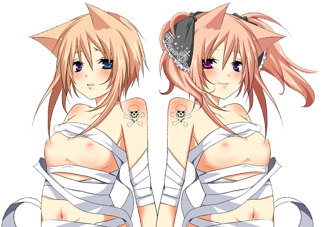 shii (niku-9), shii (pixiv), original, bad id, bad pixiv id, 2girls, animal ears, bandages, breasts, brown hair, heterochromia, multiple girls, nipples, small breasts, tattoo