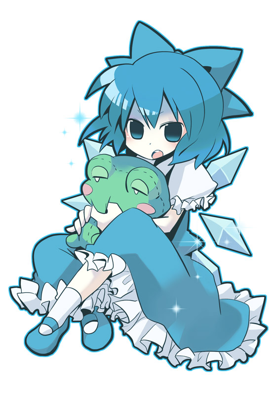 yuzuki gao, cirno, touhou, 1girl, blue eyes, blue hair, female focus, full body, hair ribbon, ice, ice wings, looking at viewer, mary janes, matching hair/eyes, ribbon, shoes, simple background, sitting, solo, stuffed animal, stuffed frog, stuffed toy, white background, wings