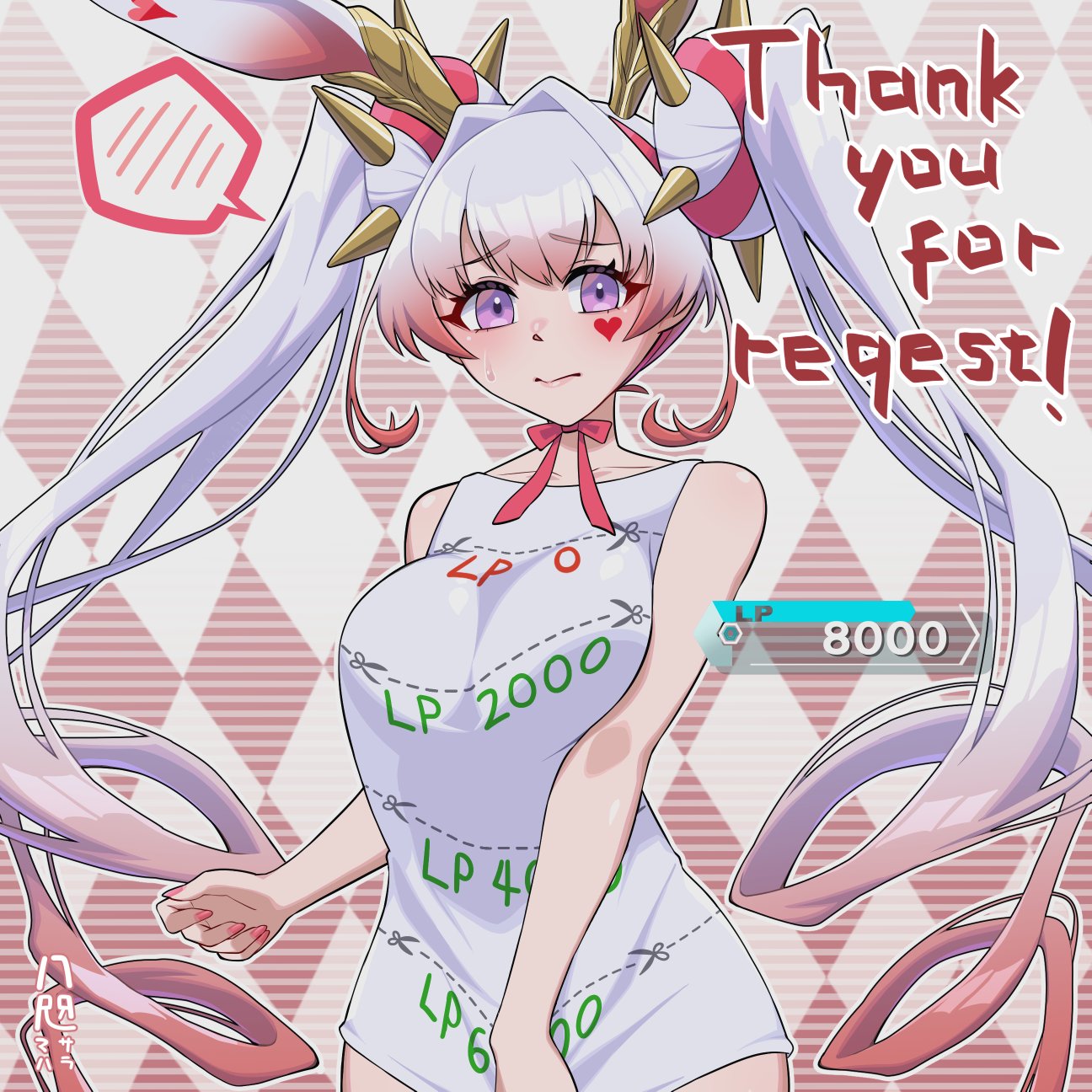 yata masahara, maliss <p> white rabbit, yu-gi-oh!, highres, 1girl, alternate costume, animal ears, blush, breasts, checkered background, closed mouth, collarbone, duel monster, gradient hair, long hair, looking at viewer, medium breasts, multicolored hair, pink eyes, pink hair, pink nails, rabbit ears, rabbit girl, shirt, sleeveless, sleeveless shirt, solo, spiked hair ornament, thank you, twintails, very long hair