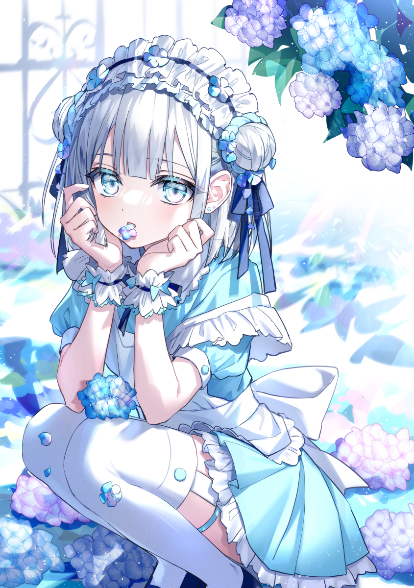 kazunehaka, original, commentary request, highres, 1girl, apron, aqua dress, aqua eyes, back bow, black shoes, blue flower, blue ribbon, bow, dress, ear piercing, earrings, flower, flower on mouth, frilled apron, frilled cuffs, frilled skirt, frills, grey hair, hair bun, hair ribbon, hands on own face, hydrangea, jewelry, looking at another, maid, maid headdress, piercing, pink flower, ribbon, shoes, short hair, short sleeves, side up bun, skirt, solo, squatting, thigh strap, thighhighs, white apron, white bow, white flower, white headdress, white straps, white thighhighs, white wrist cuffs, wrist cuffs