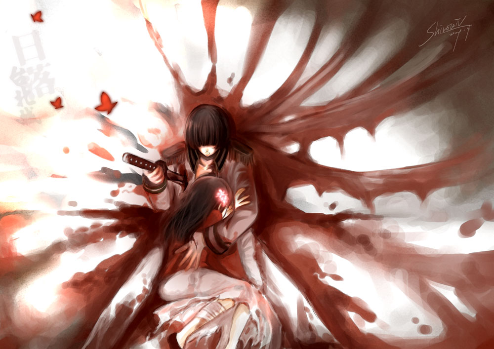 shirotolee, japan (hetalia), taiwan (hetalia), axis powers hetalia, 00s, blood, bug, butterfly, flower, guro, sword, torn clothes, weapon